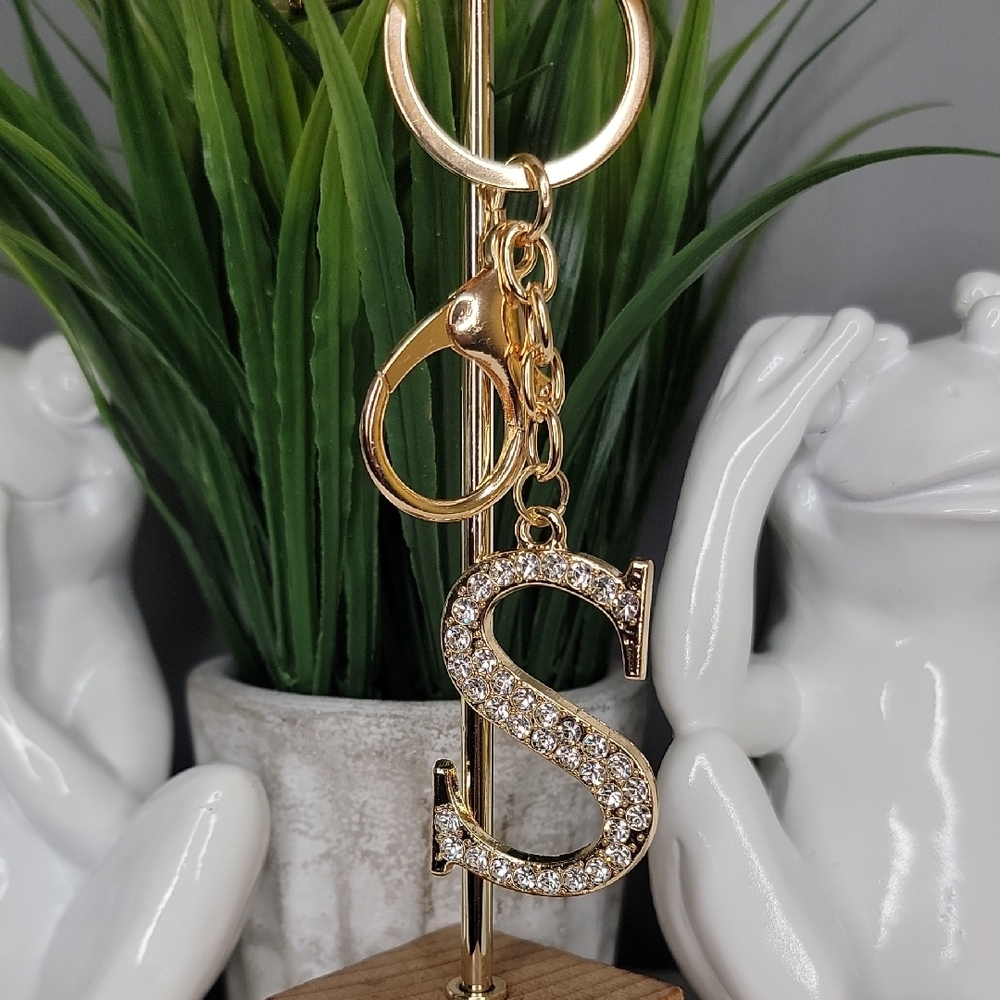 Letter S Initial S Alphabet S Rhinestone Gold Key Chain Bag Charm - Picture 6 of 7